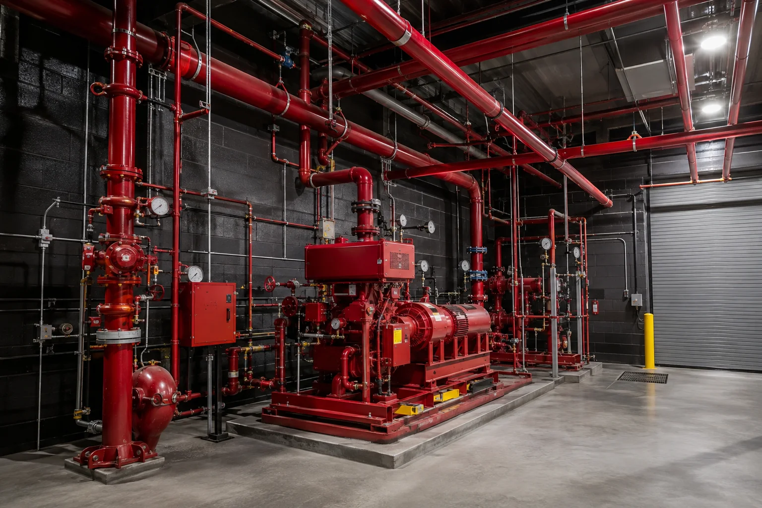 Kırmızı yangın boruları, yangın pompası ve sprinkler dağıtım hattı